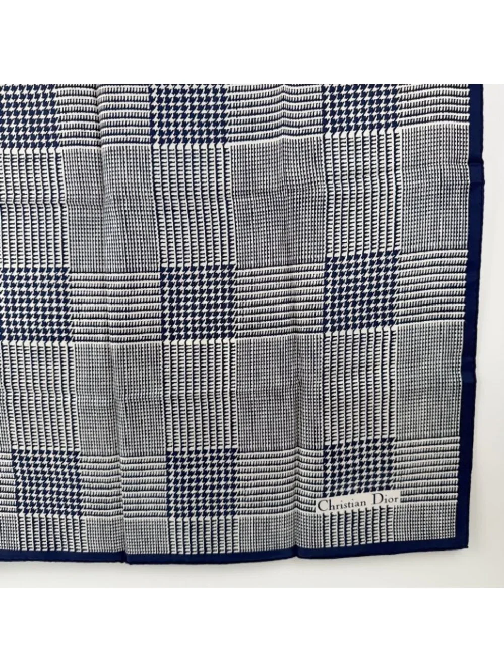 Dior Glen Check Houndstooth Silk Scarf Navy White Vintage - Picture 6 of 7